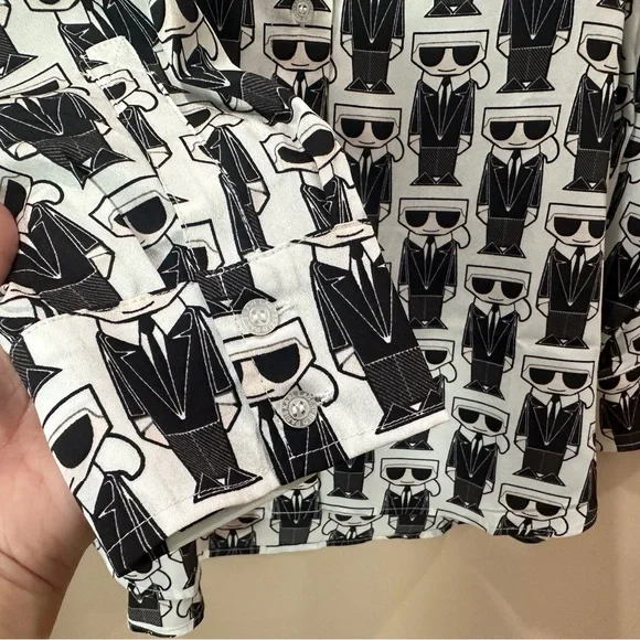 NWT Karl Lagerfeld Paris Black White Graphic Button Down Shirt Top Women Medium - Picture 6 of 7